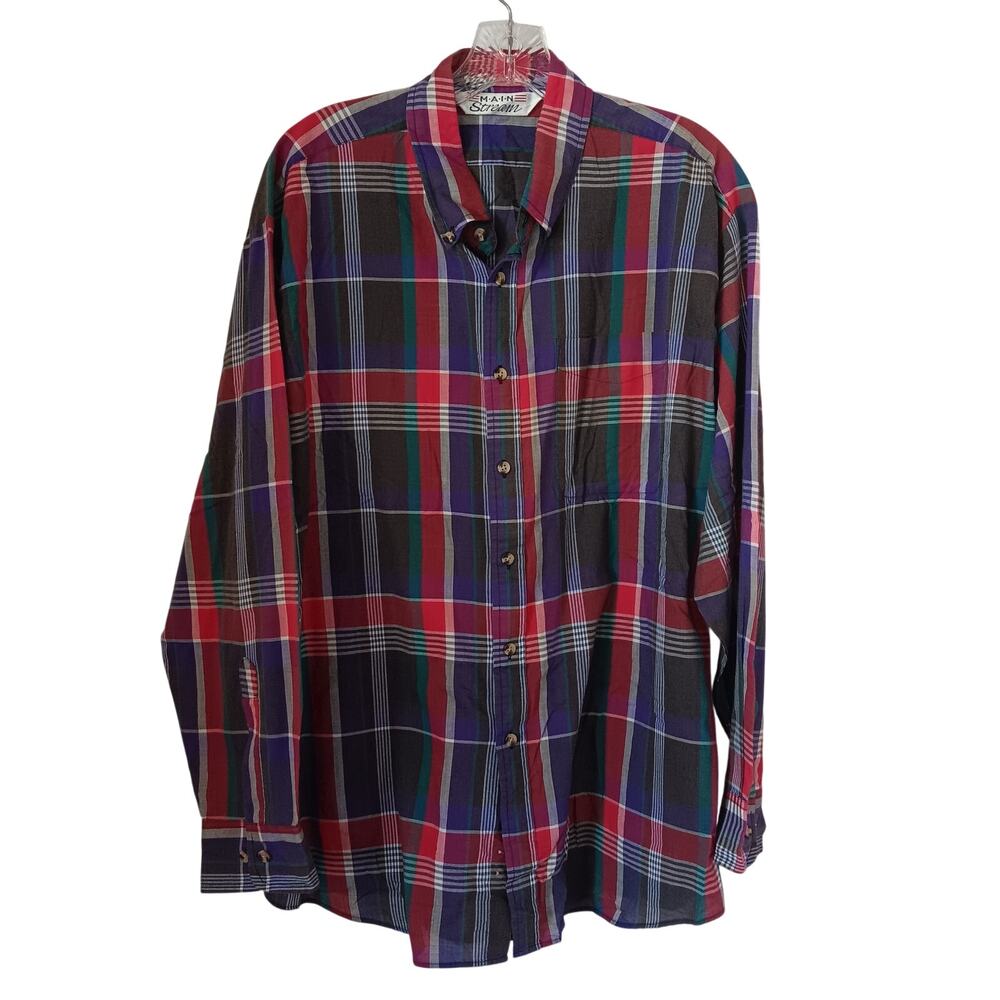 VTG Main Stream Men's Shirt XL Button Down Collar Plaid Long Sleeve
